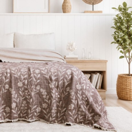 Cuvertura muselina 220x240 cm Victoria Maro cu doua fete si model floral jacquard