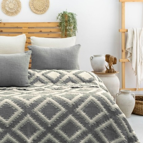 Cuvertura muselina Sonia Antracit 240x260cm Saheser Home, model geometric