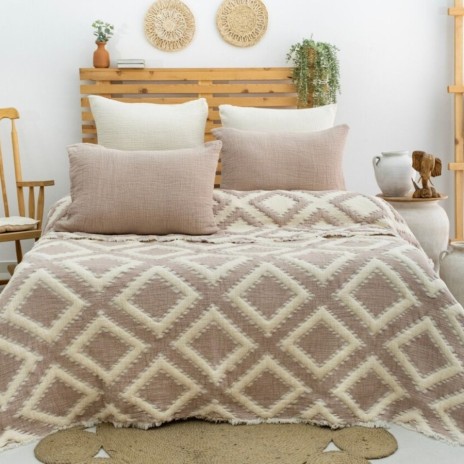 Cuvertura muselina Sonia Bej 240x260cm Saheser Home, model geometric