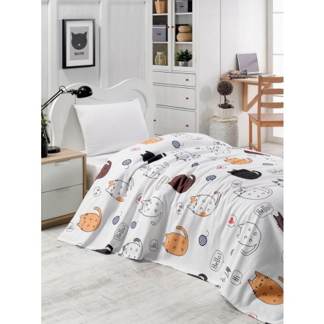 Cuvertura subtire bumbac 100%, 1 persoana, 160 x 235 cm, Eponj Home, Hello Cats