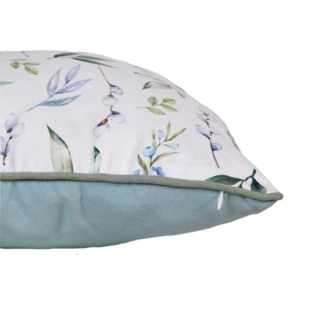 Față de pernă cu model botanic de frunze și flori în nuanțe de verde și albastru, finisaj elegant, potrivită pentru decor modern