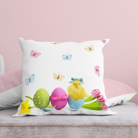 Față de pernă decorativă din bumbac 100%, cu un puișor adorabil, ouă colorate și flori pastelate, perfectă pentru decorul festiv de Paște.
