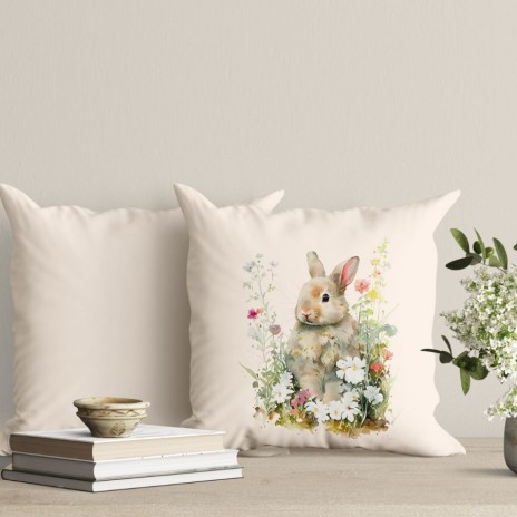 fata perna decorativa Paste 45x45 cm bumbac 100% Vinca cu iepuras si flori de primavara