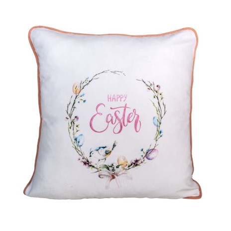 Pernă decorativă cu mesaj de Paște și coroniță florală colorată, 45x45cm, design elegant cu fermoar ascuns
