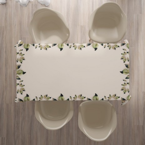 Fata de masa 140x180 cm cu flori crem si bordura verde, model Grok