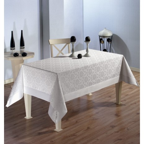 Fata de masa damasc jacquard cu ciucuri 160x220 cm, alba