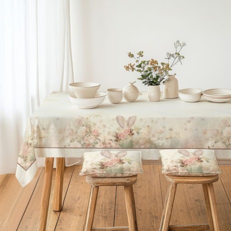 Fata de masa Paste 140x220 cm bumbac 100% Elon floral pastelat cu iepuras