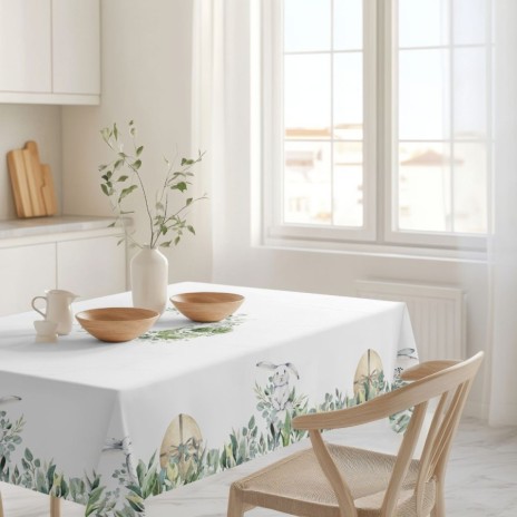 Față de masă bumbac 100%, 140x220 cm, alba cu frunze decorative si iepurasi, Gizmo