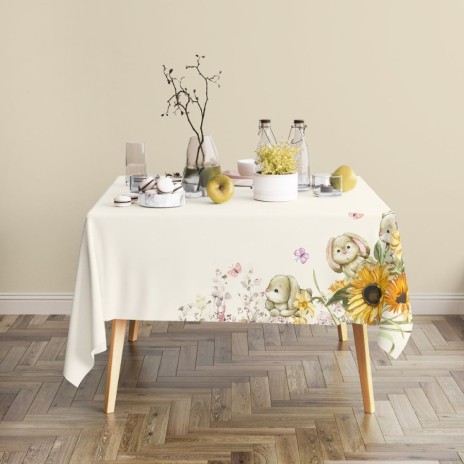 Față de masă bumbac 100%, 140x220 cm, model cu fluturi și floarea-soarelui Mochi