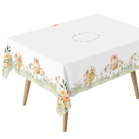 Față de masă bumbac 100%, 140x220 cm, model cu iepurași și flori pastelate Londy