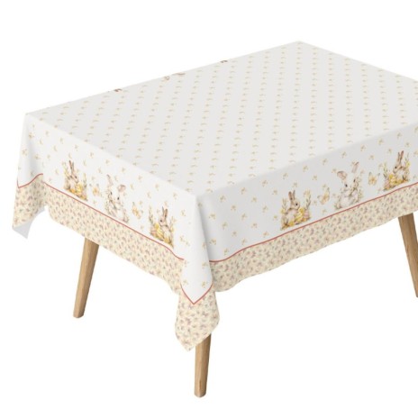 Față de masă Ginny, bumbac 100%, cu iepurași, fluturi aurii și detalii florale pe un fundal pastelat, perfectă pentru decorul zilnic