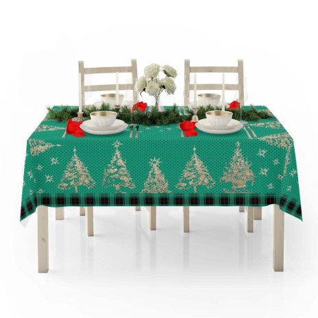 Față de masă Crăciun 140x220cm Club Cotton Shiny cu brazi aurii pe fundal verde