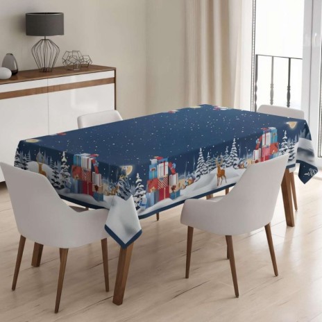 fata de masa Craciun albastra cu brazi si cadouri Aurora 160x220cm Whitney Home