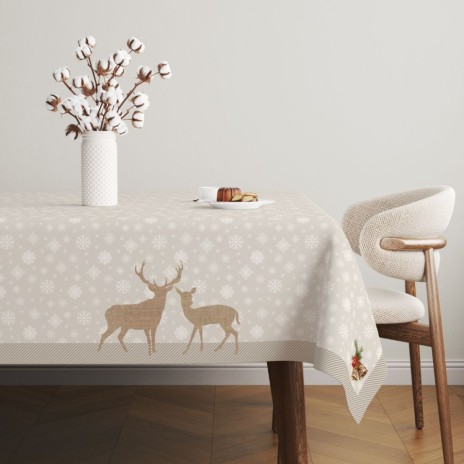 fata de masa craciun bilbo bumbac 100% cu reni si fulgi de zapada 140x220