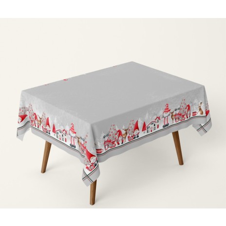 Față de masă Crăciun Gnomi, bumbac 100%, 140x220cm, cu gnomi, reni și decorațiuni de Crăciun