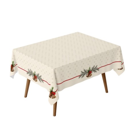 Fata de masa Craciun Holly din bumbac 100% cu clopotei aurii si crengute de brad