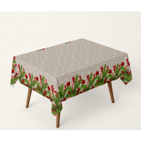 Față de masă Crăciun Wells, bumbac 100%, 140x220cm, cu crenguțe de brad, fructe roșii și stele
