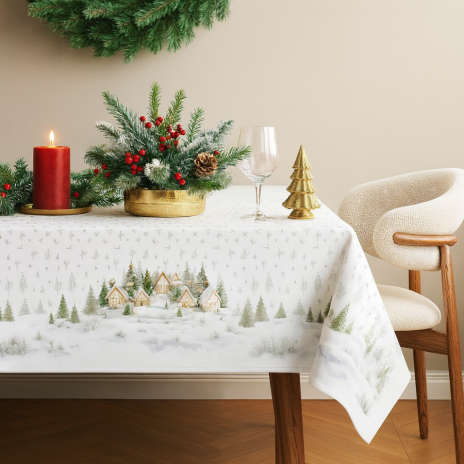 Fata de masa craciun snowy bumbac 100 cu brazi si casute 140x320cm