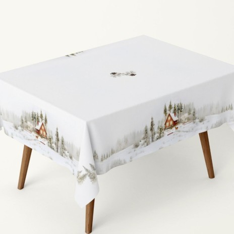 Fata de masa craciun glow bumbac 100% 140x320cm cu cabana si peisaj de iarna