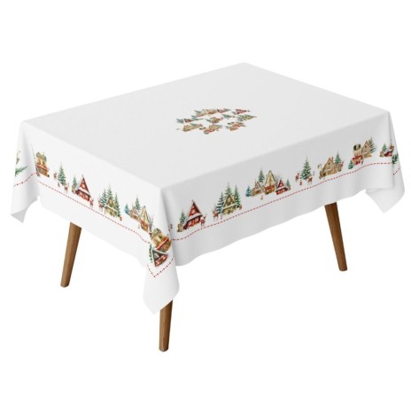fata de masa craciun cabin bumbac 100% 140x320cm cu cabane si brazi