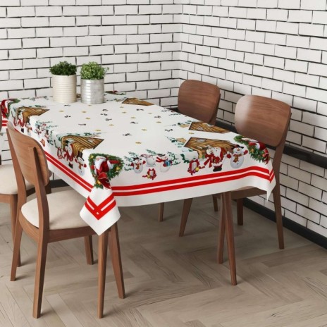 Fata de masa Craciun cu om de zapada si Mos Craciun Christmas Village 160x220cm Whitney Home