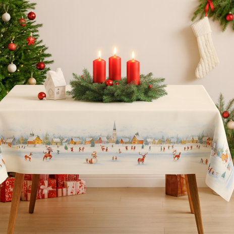 Fata de masa craciun joy bumbac 100% 140x180cm cu peisaj de iarna, copii si reni