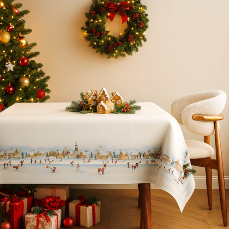 Fata de masa craciun joy bumbac 100% 140x320cm cu peisaj de iarna, copii si reni