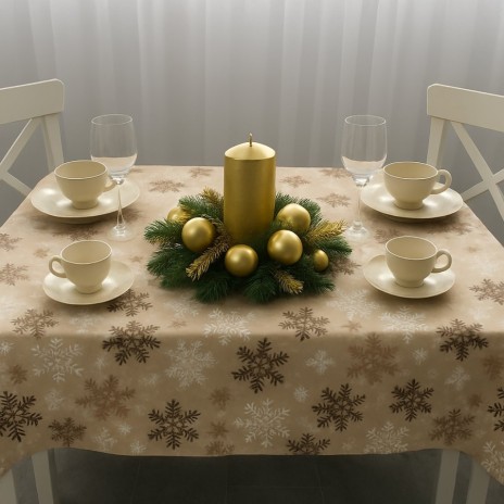 Fata de masa Craciun bumbac teflonat 120x160 cm fulgi bej maro