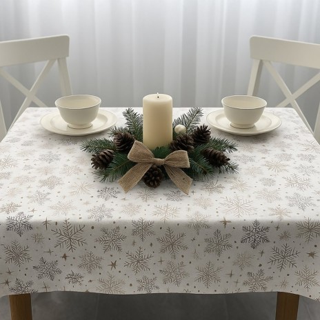 Fata de masa Craciun bumbac teflonat rotunda 130 cm fulgi argintii