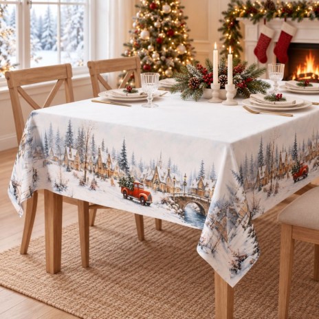 Fata de masa Craciun Home for Christmas 140x320 cm din bumbac cu peisaj de iarna si camioneta rosie cu brad