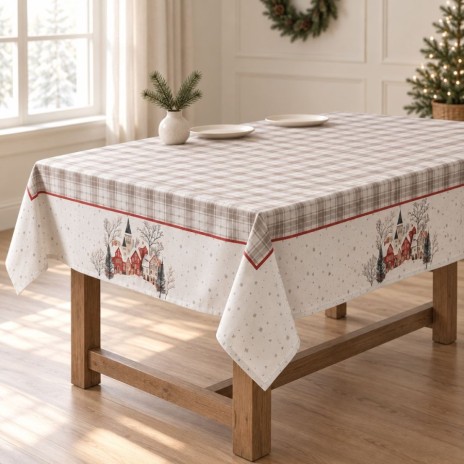 Fata de masa Craciun Lucca cu carouri gri-bej si bordura cu casute inzapezite 140x180cm
