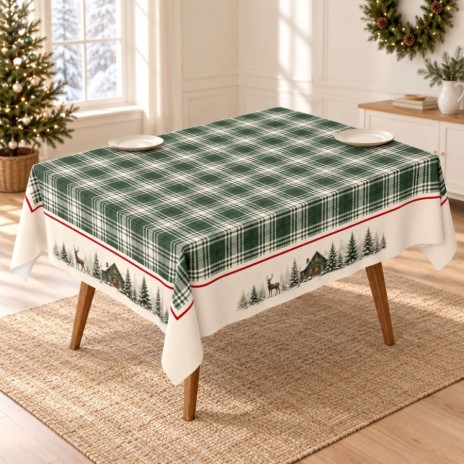 Fata de masa Craciun Vanya cu carouri verzi si bordura cu brazi, cabane si reni 140x180cm