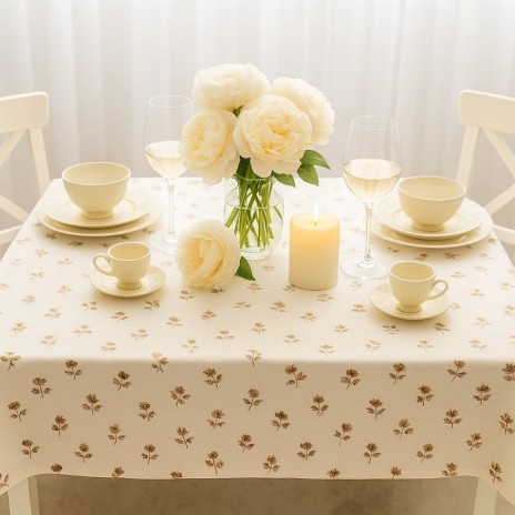 Fata de masa bumbac teflonat 160x220cm flori bej pe fundal crem