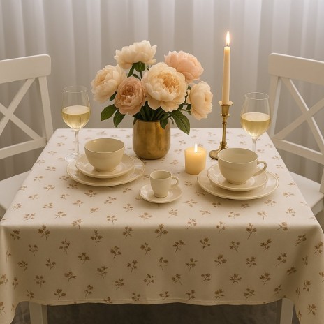 Fata de masa bumbac teflonat 160x220cm floricele bej pe fundal crem