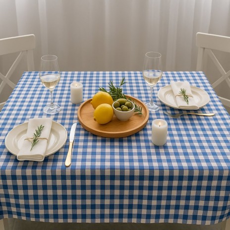 Fata de masa rotunda bumbac teflonat 160cm carouri albastre