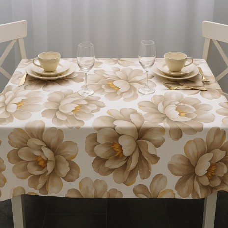 Fata de masa rotunda bumbac teflonat 160cm floral bej eleganta