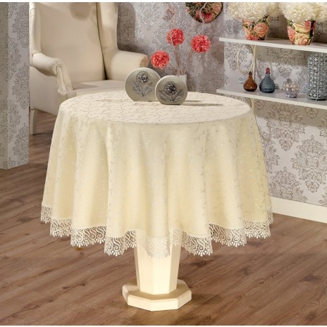 Fata de masa Golden Laurel cu dantela, rotunda, diametru 160cm, Crem