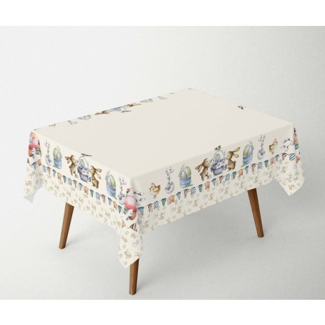 Față de masă Paște bumbac 100%, 140x180 cm, model cu iepurași, ouă și puișori – Club Cotton Feta