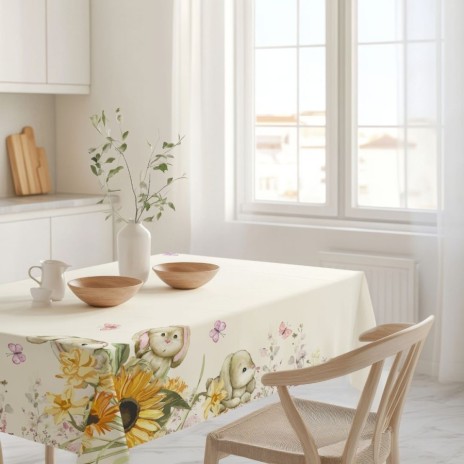 Fata de masa Paste 140x180 cm bumbac 100% Mochi cu iepurasi si florea soarelui