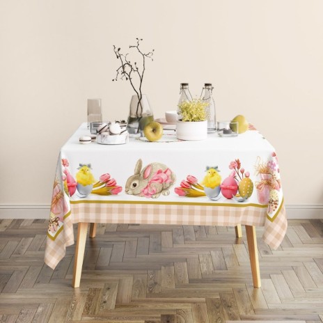 Fata de masa 140x220cm, bumbac 100%, Cena cu iepurasi pui si lalele decorative imprimeu digital