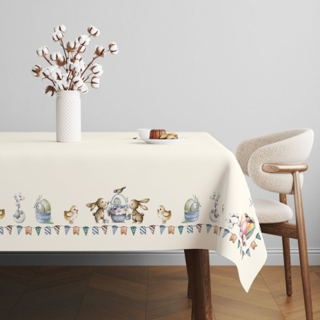Față de masă Paște bumbac 100%, 140x220 cm, model cu iepurași, ouă și puișori – Club Cotton Feta