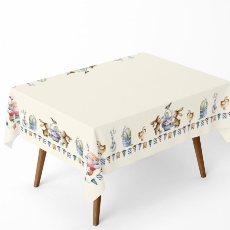 Față de masă Paște bumbac 100%, 140x220 cm, model cu iepurași, ouă și puișori – Club Cotton Feta