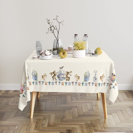 Față de masă Paște bumbac 100%, 140x220 cm, model cu iepurași, ouă și puișori – Club Cotton Feta