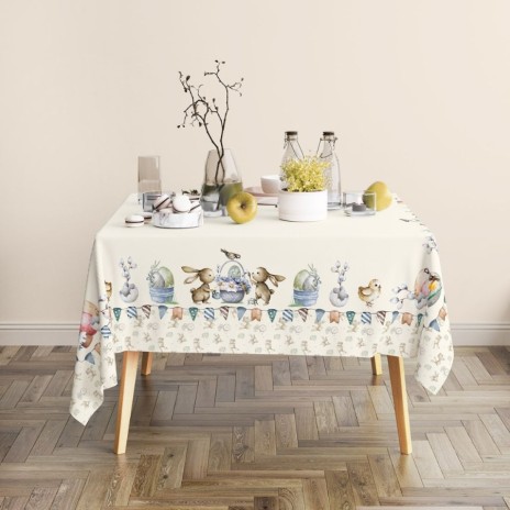 Față de masă Paște bumbac 100%, 140x220 cm, model cu iepurași, ouă și puișori Feta