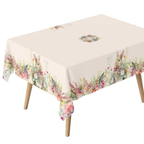 Fata de masa Paste 140x220cm, bumbac 100%, cu iepuraș și flori pastelate, model Vinca