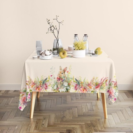 Fata de masa Paste 140x220cm, bumbac 100%, cu iepuraș și flori pastelate, model Vinca
