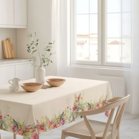 Fata de masa Paste 140x220cm, bumbac 100%, cu iepuraș și flori pastelate, model Vinca