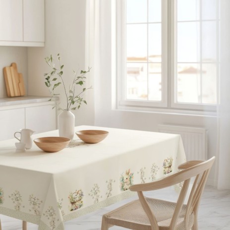 Fata de masa Paste YoYo 140x220cm, bumbac 100%, cu iepurași și flori pastelate, decor elegant pentru masa de Paște.