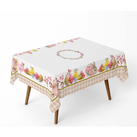 Fata de masa Paste 140x320cm, bumbac 100%, cu iepurași și flori, model Cena