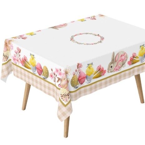 Fata de masa Paste 140x320cm, bumbac 100%, cu iepurași și flori, model Cena